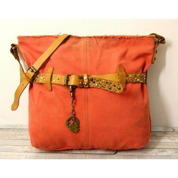 ROOMY LUCKY BRAND PINK CANVAS GENUINE LEATHER BELTED TOTE BOOK BAG SHOULDER BAG - Picture 1 of 9